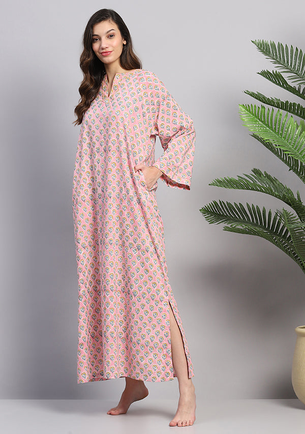 Pink Blue Hand Block Printed Floral Nighty Kaftan with Stitch Lines