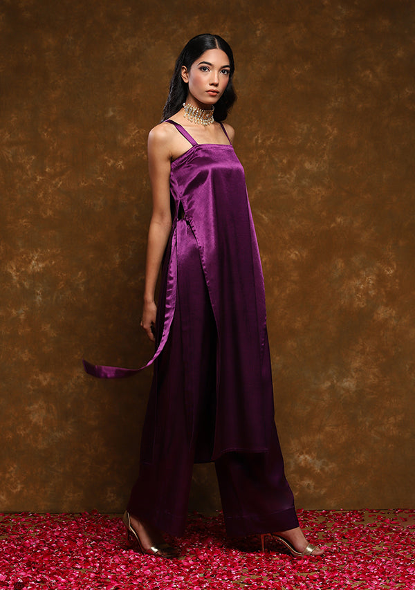 Purple Strappy Long Mushru Kurta with Tie Up Detail paired with Straight Pants