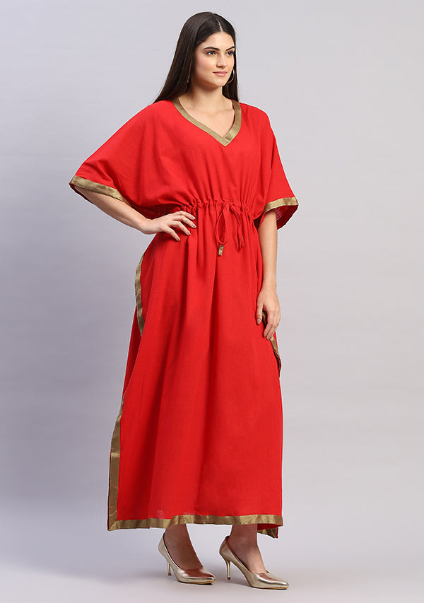 Red Cotton Kaftan with Gold Trimmings