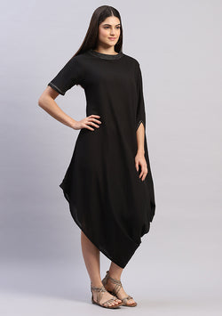 Black Cotton Dress With Loose Folds and Contrast Gold Trimmings