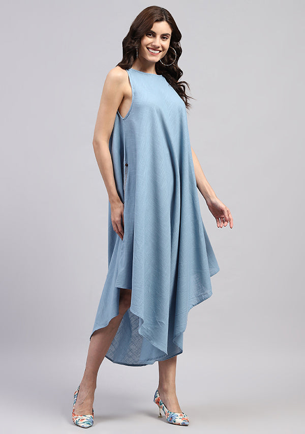 Smoke Blue Sleeveless Asymmetric Cotton Dress