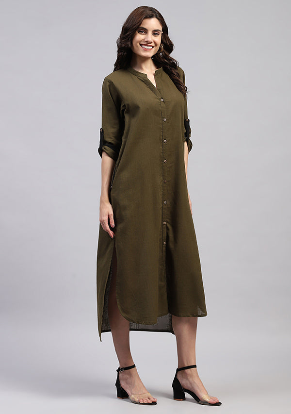 Military Green Front Open Cotton Shirt Dress with Wooden Buttons and Contrast Trimmings