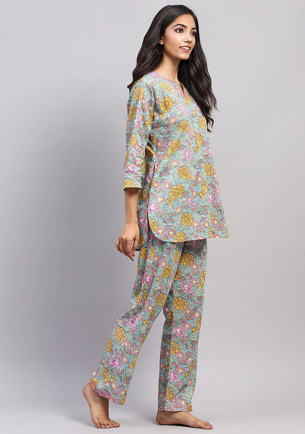 Aqua Yellow Floral Hand Block Printed Cotton Night Suit