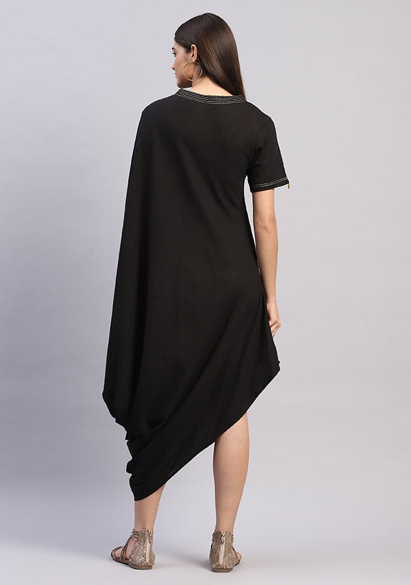 Black Cotton Dress With Loose Folds and Contrast Gold Trimmings