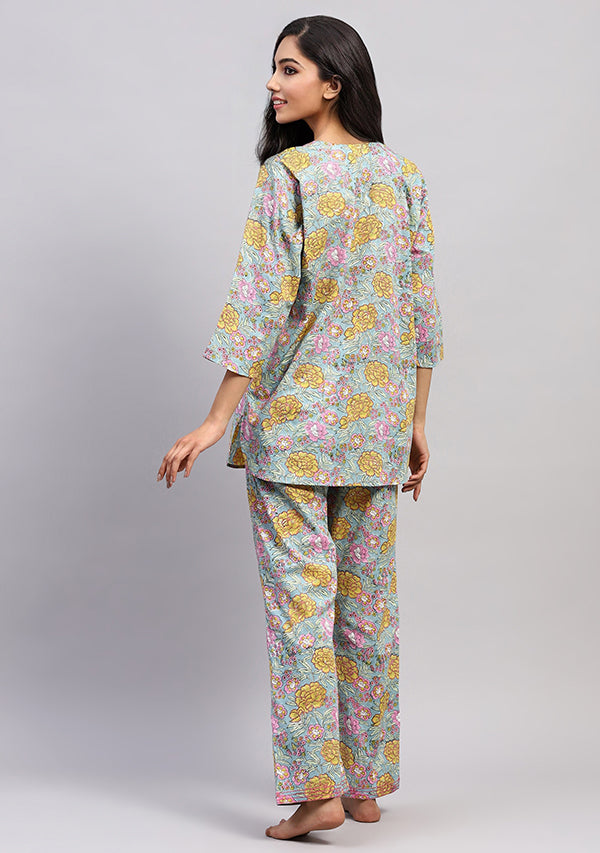 Aqua Yellow Floral Hand Block Printed Cotton Night Suit