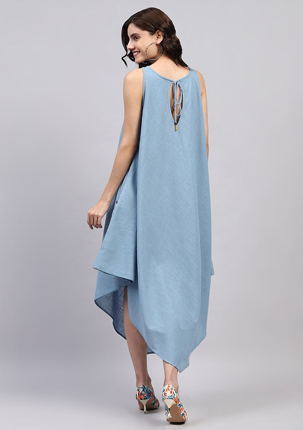 Smoke Blue Sleeveless Asymmetric Cotton Dress