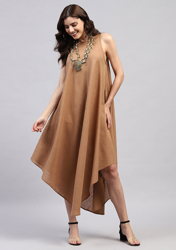 Brown Sleeveless Asymmetric Cotton Dress