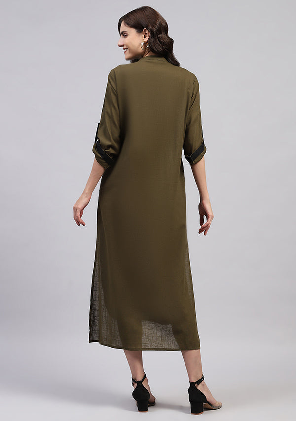 Military Green Front Open Cotton Shirt Dress with Wooden Buttons and Contrast Trimmings