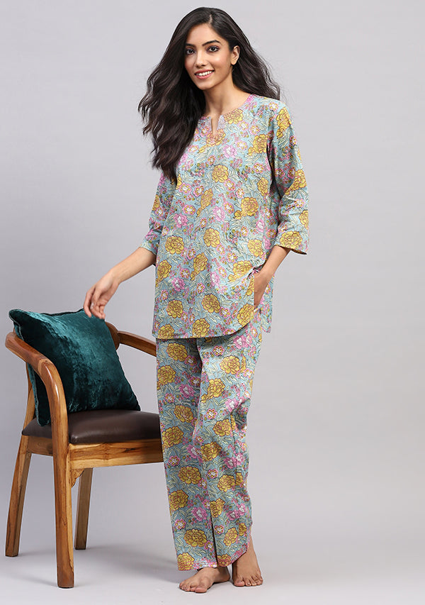 Aqua Yellow Floral Hand Block Printed Cotton Night Suit