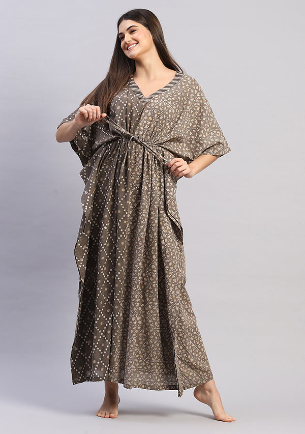 Grey Beige Hand Block Printed Tie-Up Waist Cotton Kaftan