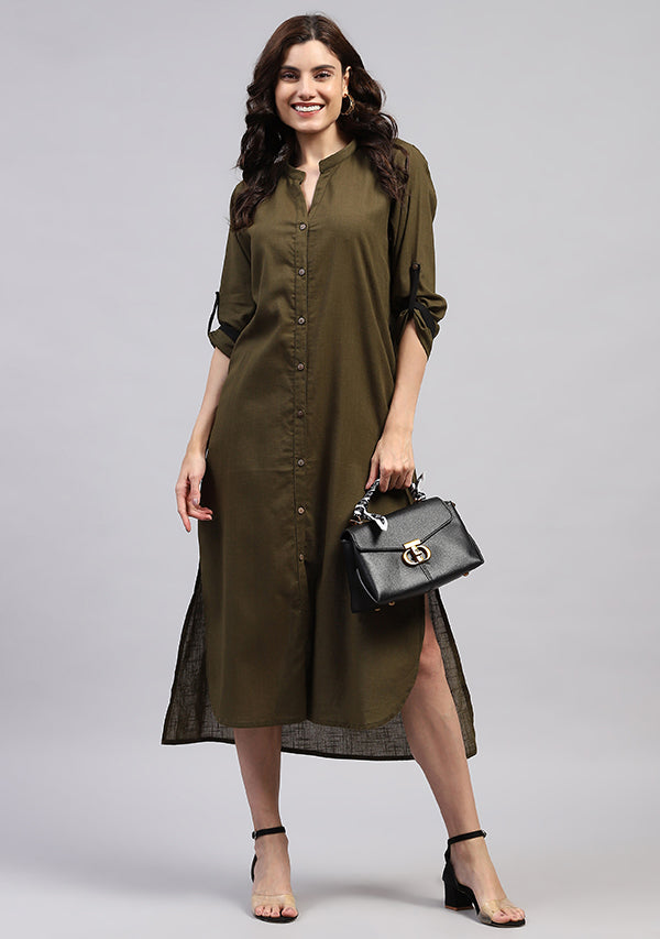 Military Green Front Open Cotton Shirt Dress with Wooden Buttons and Contrast Trimmings