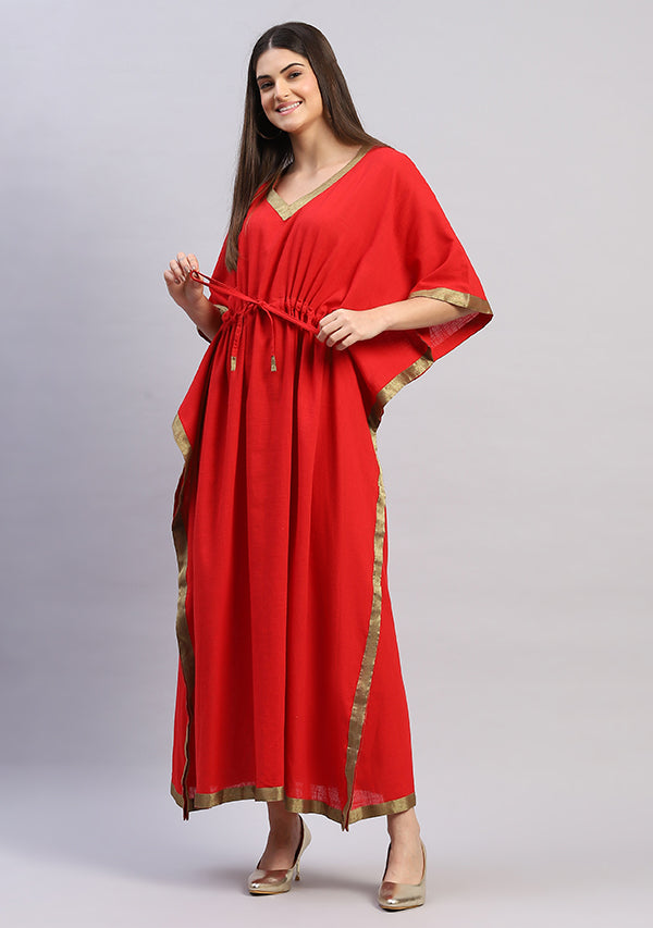 Red Cotton Kaftan with Gold Trimmings