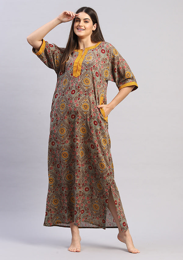 Teal Multicolor Hand Block Printed Floral Nighty Kaftan with Contrast Stitch Lines