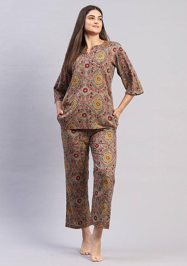 Aqua Multicolored Floral Hand Block Printed Cotton Night Suit