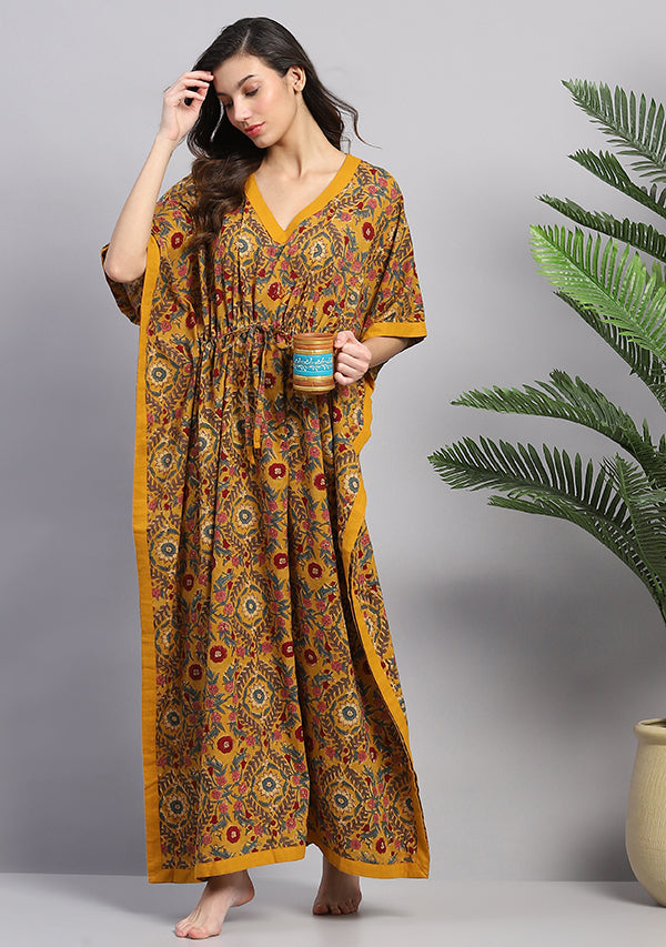 Mustard Floral Hand Block Printed Tie-Up Waist Cotton Kaftan