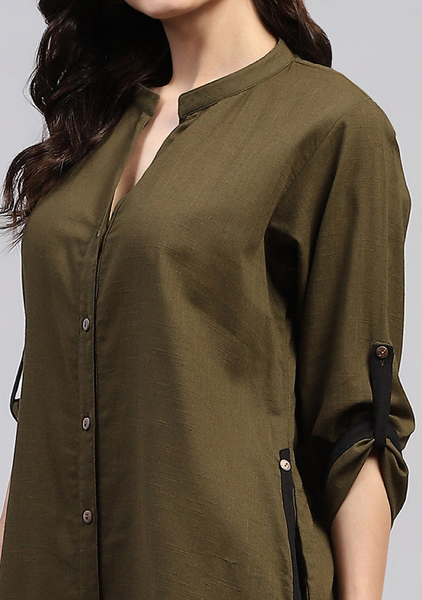 Military Green Front Open Cotton Shirt Dress with Wooden Buttons and Contrast Trimmings