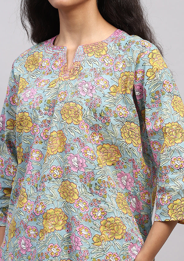 Aqua Yellow Floral Hand Block Printed Cotton Night Suit