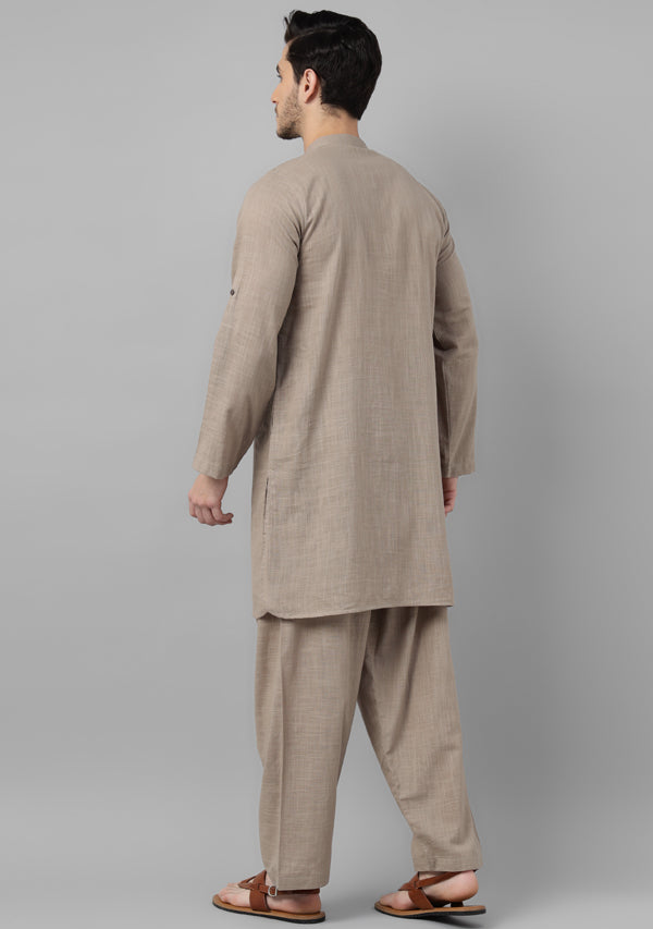 Khaki Cotton Kurta and Pathani Salwar For Men