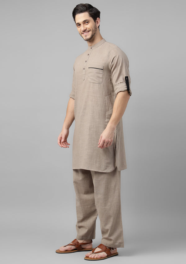 Khaki Cotton Kurta and Pathani Salwar For Men