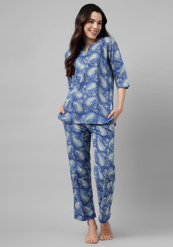 Blue White Paisley Motif Hand Block Printed Cotton Night Suit with Silver Trimmings