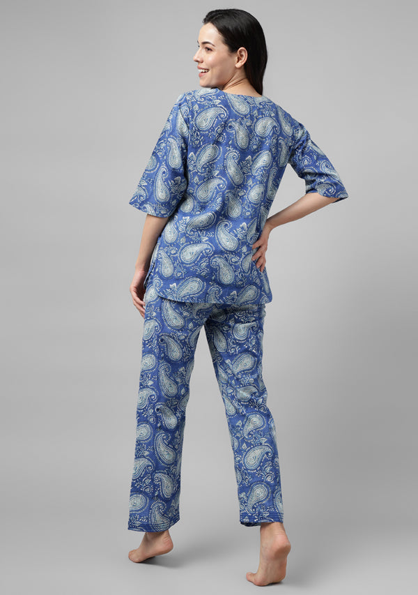 Blue White Paisley Motif Hand Block Printed Cotton Night Suit with Silver Trimmings