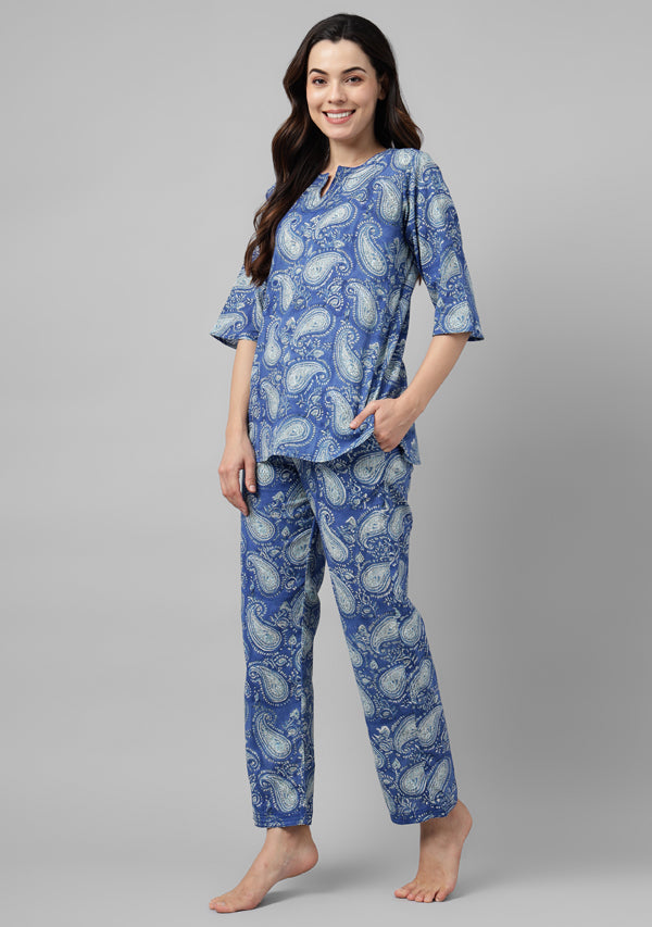 Blue White Paisley Motif Hand Block Printed Cotton Night Suit with Silver Trimmings