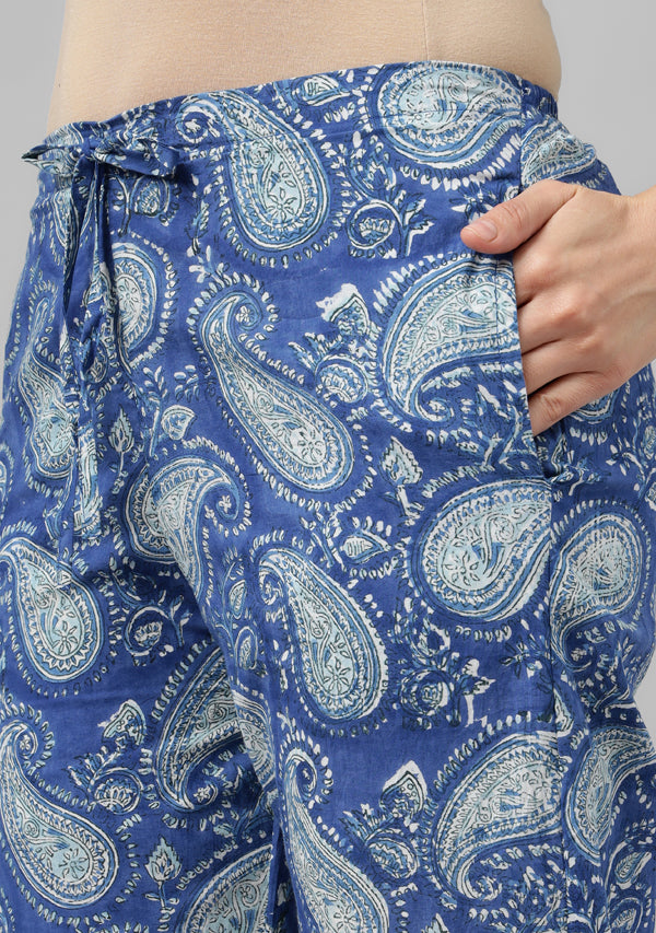 Blue White Paisley Motif Hand Block Printed Cotton Night Suit with Silver Trimmings