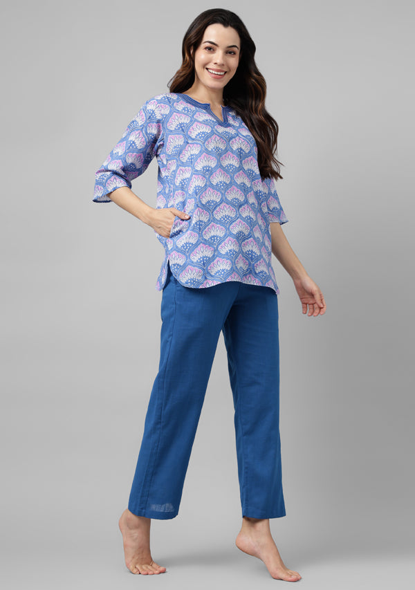 Mauve Floral Hand Block Printed Cotton Night Suit