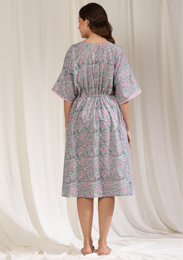 Aqua Pink Floral Hand Block Printed Calf Length Cotton Kaftan Dress –  uNidraa
