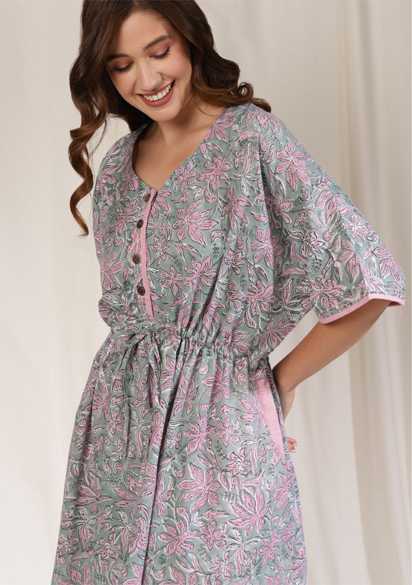 Aqua Pink Floral Hand Block Printed Calf Length Cotton Kaftan Dress –  uNidraa