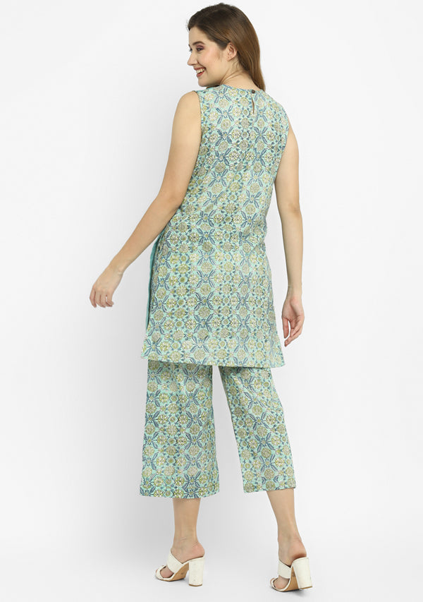 Aqua Green Yellow Floral Hand Block Printed Sleeveless Cotton Co-Ord Set with Pants