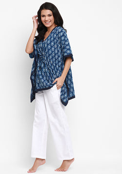 Indigo Ivory Drop Motif Hand Block Printed Short Kaftan with White Pyjamas - unidra.myshopify.com