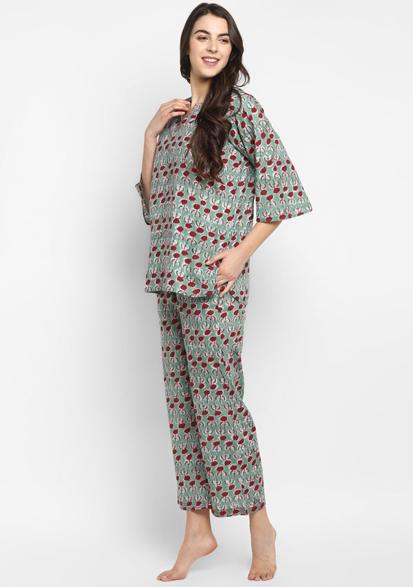 Aqua Maroon Hand Block Flower Motif Printed Cotton Night Suit - unidra.myshopify.com