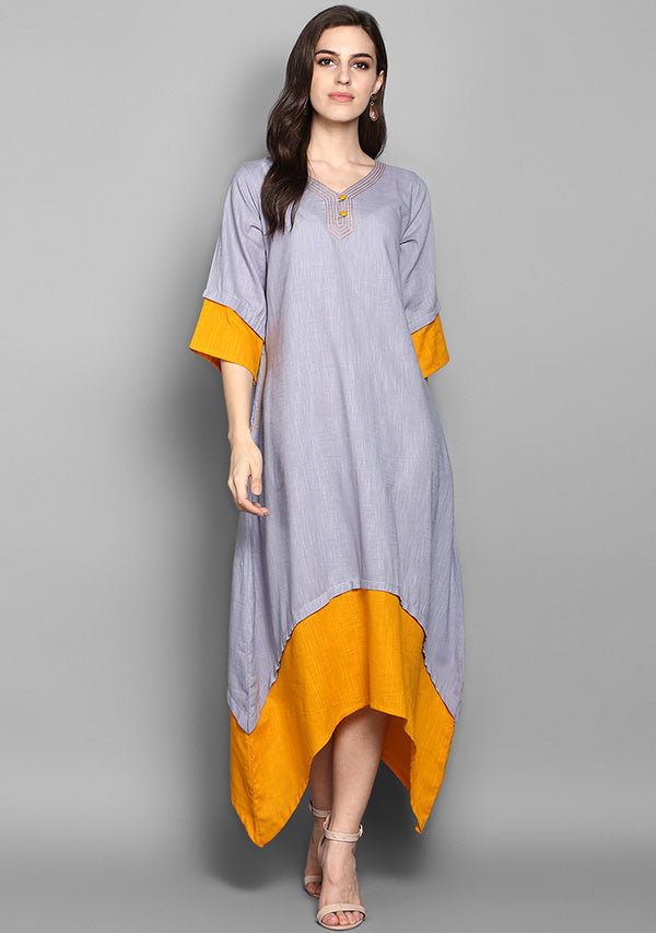 Grey and Mustard Layered Side Tail Cotton Dress - unidra.myshopify.com