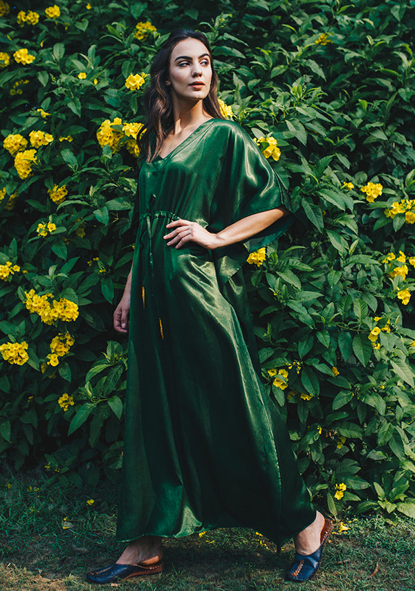 Bottle Green Mushru Luxury Kaftan with Tie-Up Waist and Contrast Mustard Trimmings - unidra.myshopify.com