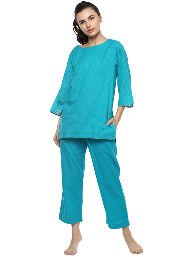 Turquoise Cotton Yoga Wear With Sleeves – uNidraa