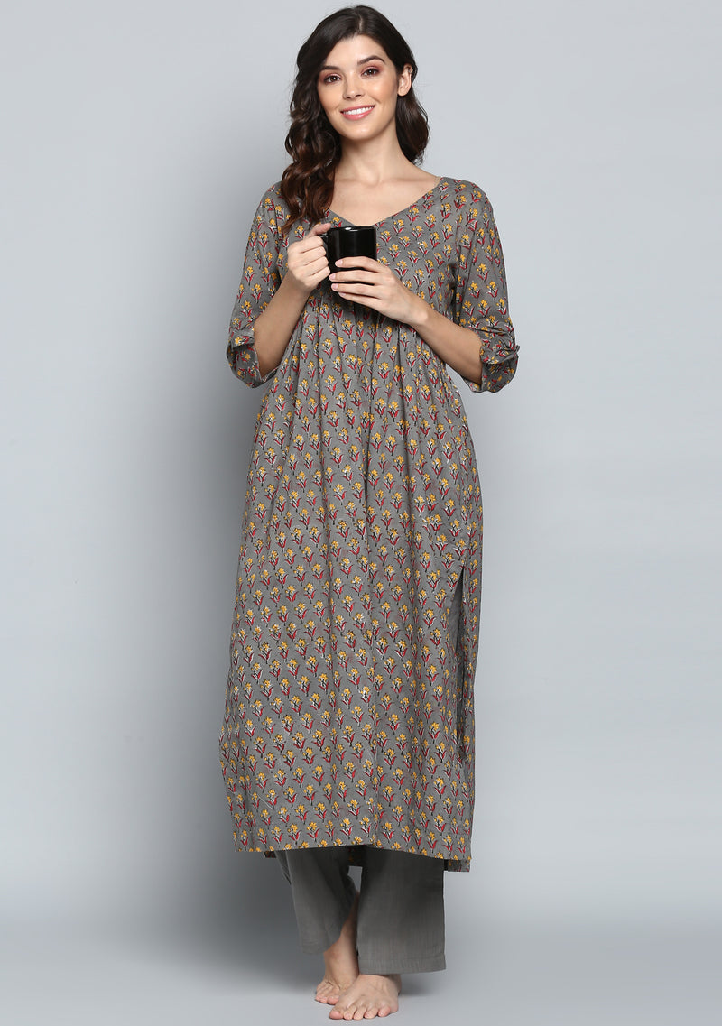 Grey Yellow Hand Block Print Flower Motif Cotton Kurta paired with Pants - unidra.myshopify.com