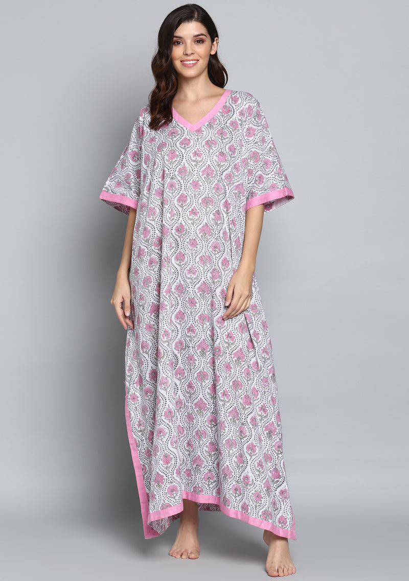 Grey Pink Hand Block Printed Flower Motif V-Neck Cotton Kaftan - unidra.myshopify.com