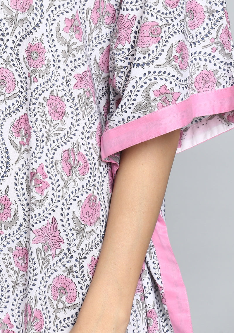 Grey Pink Hand Block Printed Flower Motif V-Neck Cotton Kaftan - unidra.myshopify.com