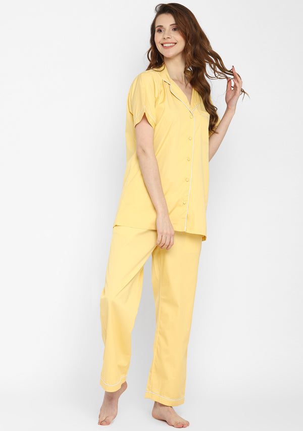 Soft Yellow Collared Short Sleeve Cotton Night Suit paired  with  Pyjamas