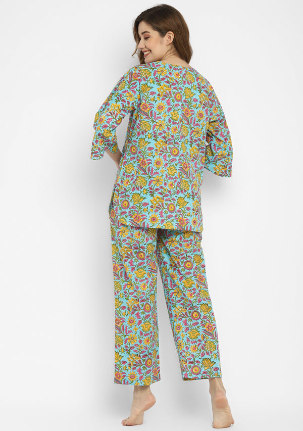 Turquoise Yellow Floral Hand Block Printed Cotton Night Suit