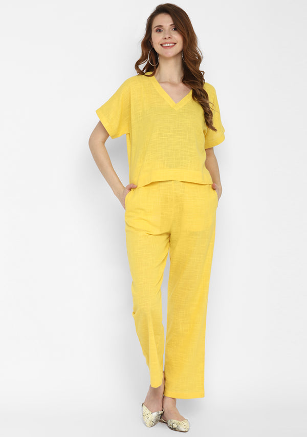 Yellow Crop Top paired with matching Cotton Pants