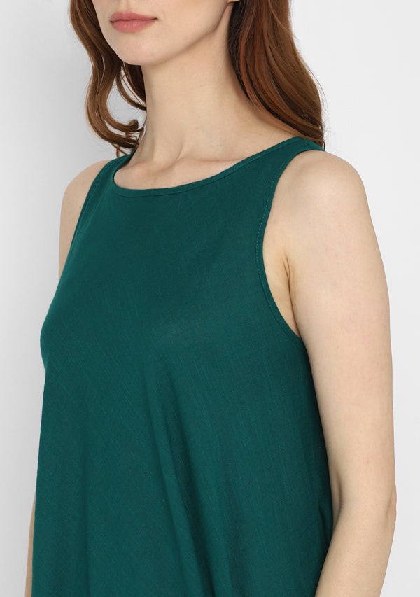 Emerald Green Sleeveless A-Line Long Cotton Dress – uNidraa