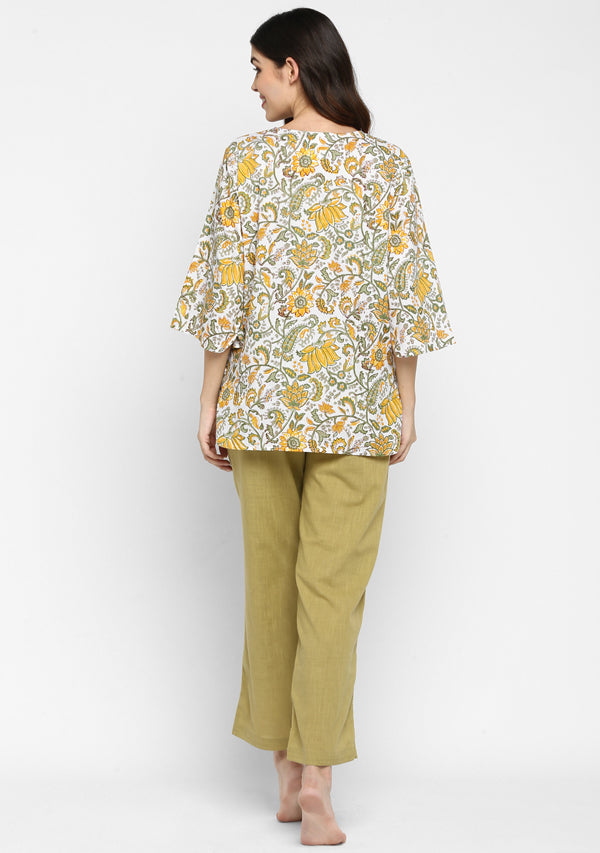 Olive Green Yellow Hand Block Printed Floral Cotton Night Suit - unidra.myshopify.com