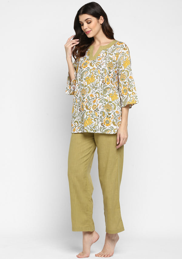 Olive Green Yellow Hand Block Printed Floral Cotton Night Suit - unidra.myshopify.com