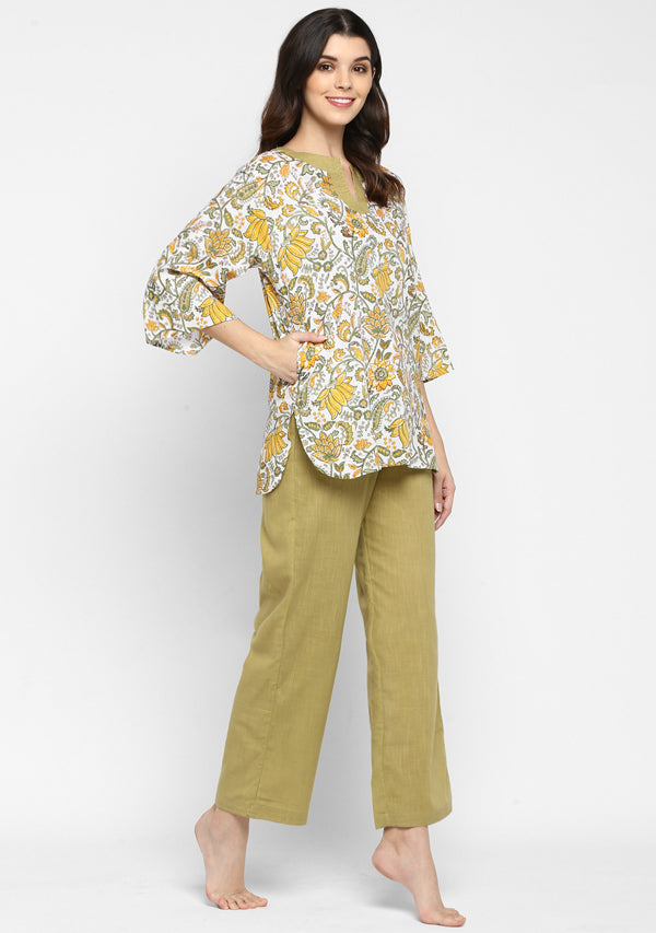 Olive Green Yellow Hand Block Printed Floral Cotton Night Suit - unidra.myshopify.com