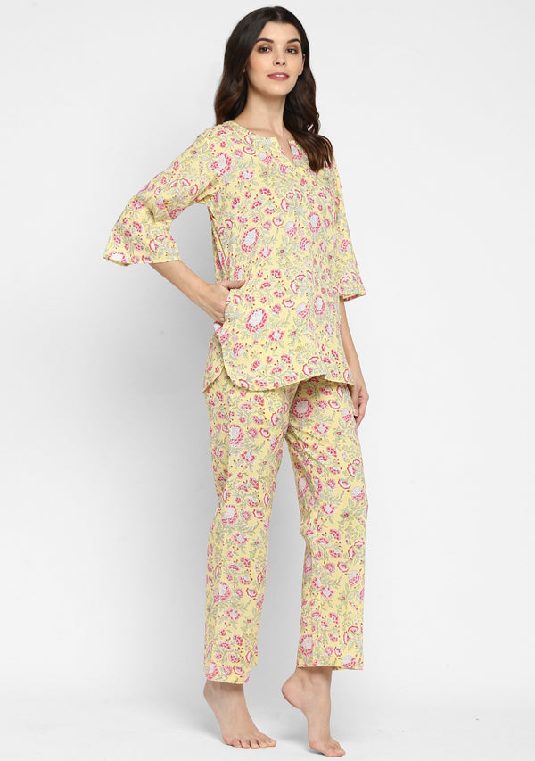 Soft Yellow Pink Hand Block Printed Floral Cotton Night Suit - unidra.myshopify.com