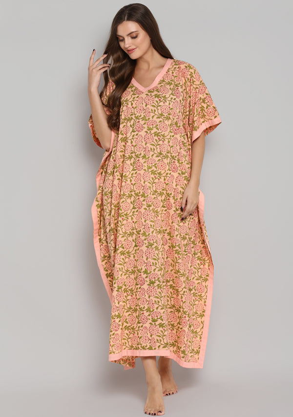 Peach Pink Hand Block Printed Floral V-Neck Cotton Kaftan - unidra.myshopify.com