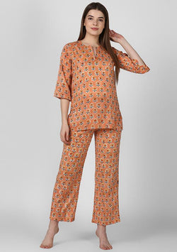 Peach Yellow Flower Motif Hand Block Printed Cotton Night Suit