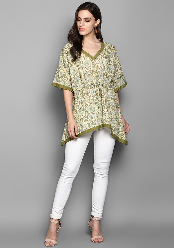 Olive Green Floral Hand Block Printed Short Cotton Kaftan - unidra.myshopify.com